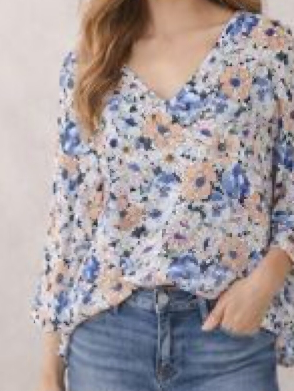 Cynthia Rowley Floral V-Neck Blouse in Blue and Peach Sz 1X